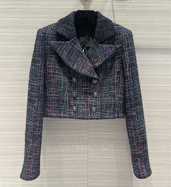 

european and american women's wear spring 2022 new long sleeve suit collar double breasted fashion short tweed coat, Black