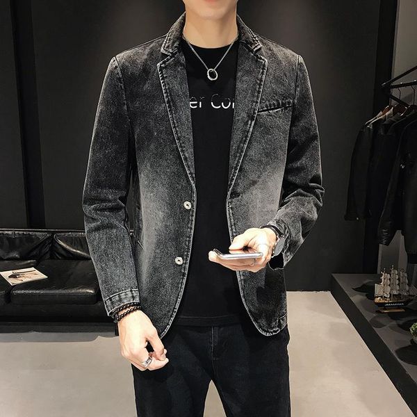 

men's suits & blazers spring autumn men denim suit jackets casual solid color lapel single breasted jeans jacket slim fit outwear m-3xl, White;black