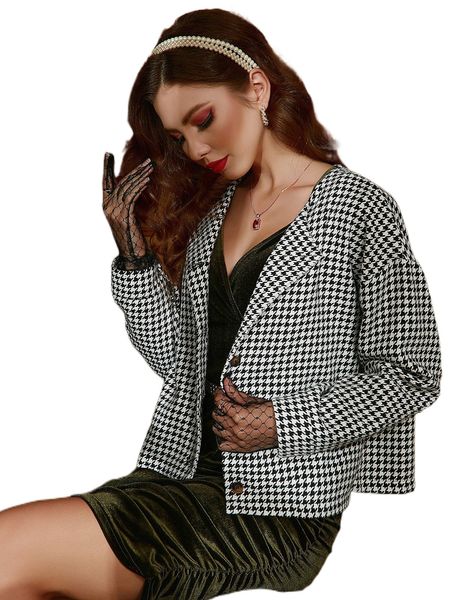 

houndstooth drop shoulder overcoat 83n7#, Black