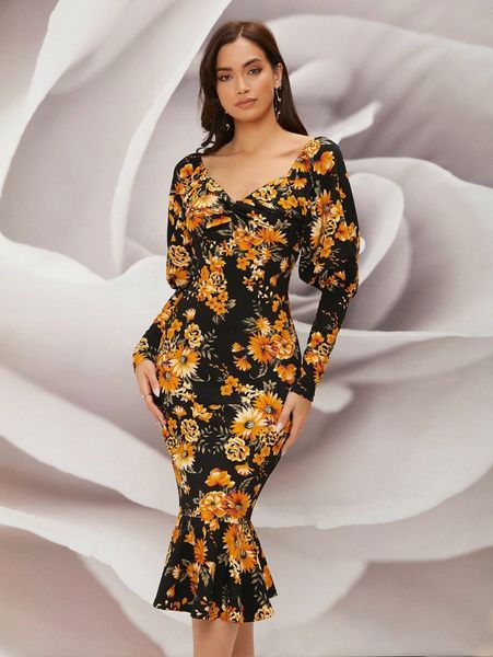 

floral gigot sleeve mermaid hem dress o2df#, Black;gray