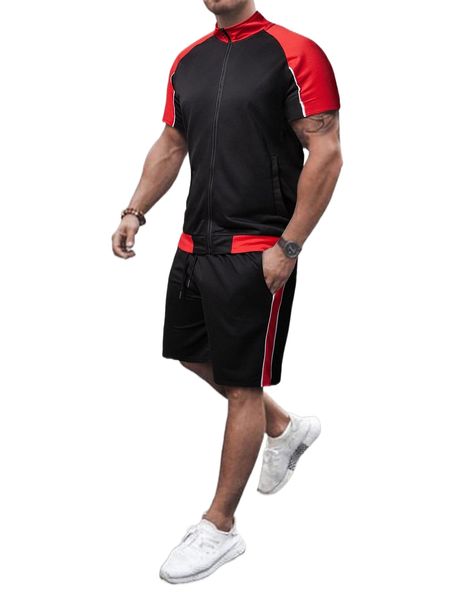 

men color block raglan sleeve zip up tee & shorts t92v#, Gray
