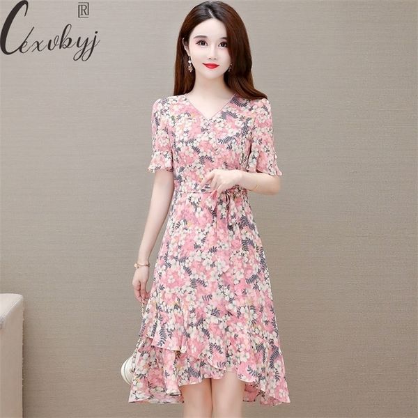 

women's elegant floral dress high waist lace up midi dress print vintage vneck mermaid dress temperament irregular vestidos 220520, Black;gray