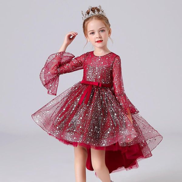 Abiti da ragazza Abito da damigella d'onore da damigella paillettes Flower Girl femmina Sleeve svasata per bambini Red Principessa Red Show Gonwsgirl's