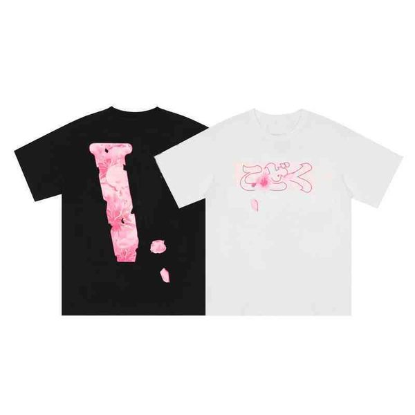 

vlones designer european and american fashion brand sakura big v cherry printed short sleeve pure cotton quality hip hop men women sweatshir, White;black