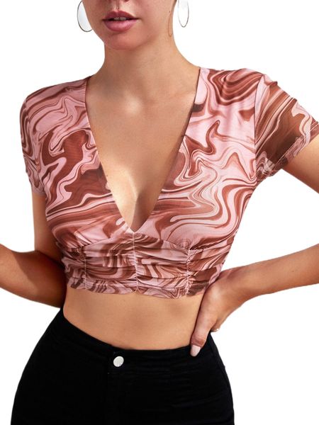 

marble print plunge neck ruched crop tee 65bg#, White
