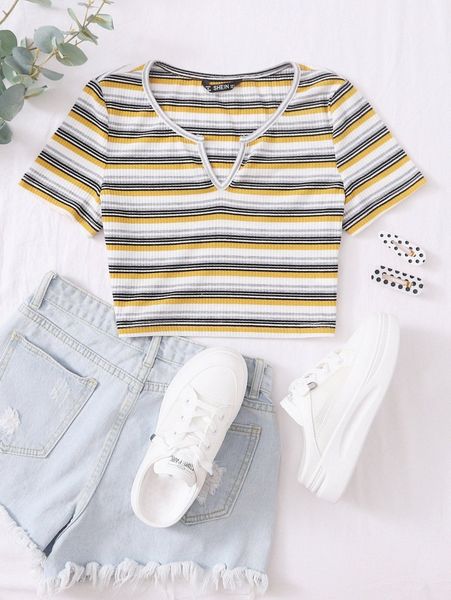 

notch neck rib-knit striped crop v27g#, White