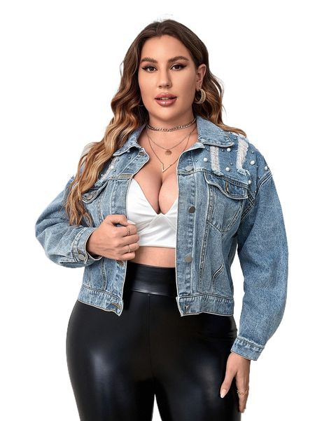 

plus pearls beaded ripped drop shoulder denim jacket b2m1#, Black;brown