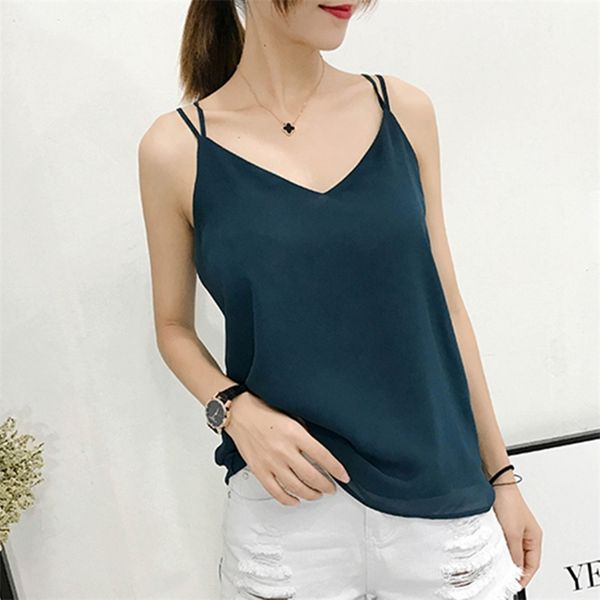 

summer korean fashion chiffon women camis streetwear sleeveless black female tank slim pink shirt spaghetti strap 220423, White