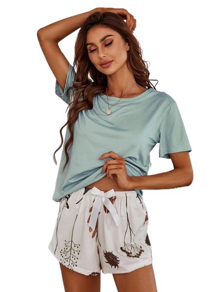 

solid and tie waist floral print shorts pj set q3pt#, Black;red