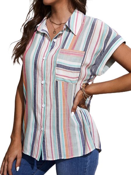 

striped patched pocket batwing sleeve shirt v7ki#, White