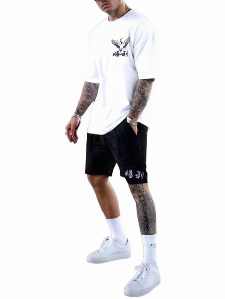 

men letter & crane print tee & drawstring waist shorts 32vv#, Gray