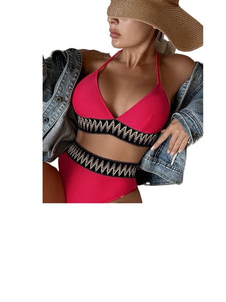 

chevron tape halter triangle bikini swimsuit z8f9#, White;black