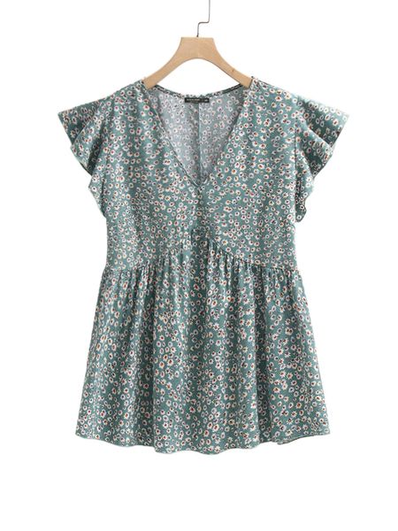 

plus ditsy floral print butterfly sleeve blouse l6e6#, Black