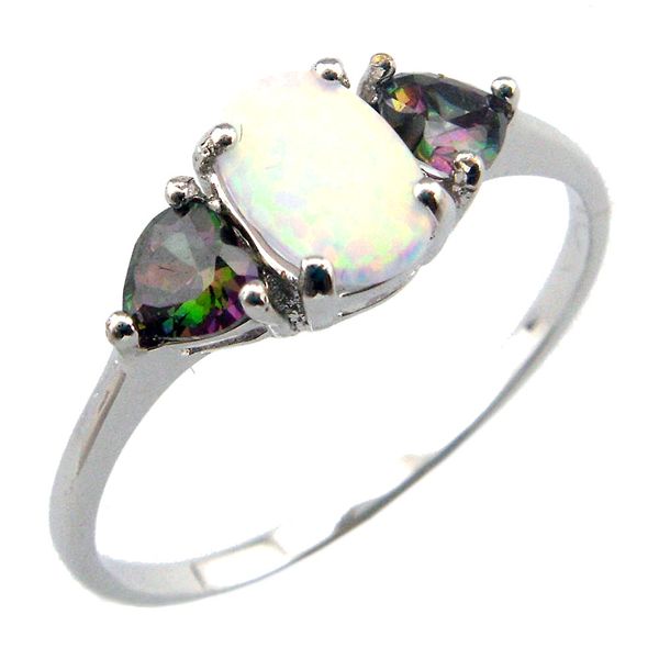 moda anel opal branco; Anel de jóias de pedra do arco-íris místico