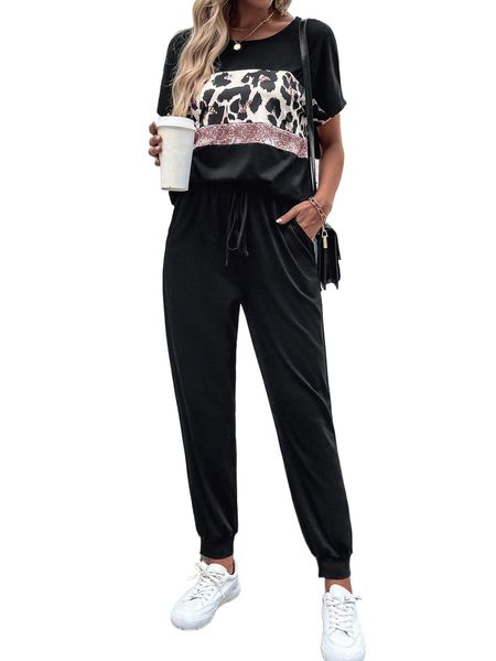 

leopard print tee & sweatpants q7dl#, White