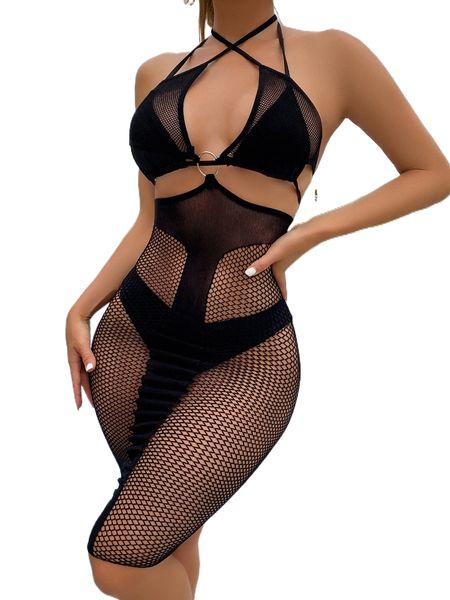 

mesh o-ring cut out crisscross halter bodycon dress without liner k0n1#, Black;red