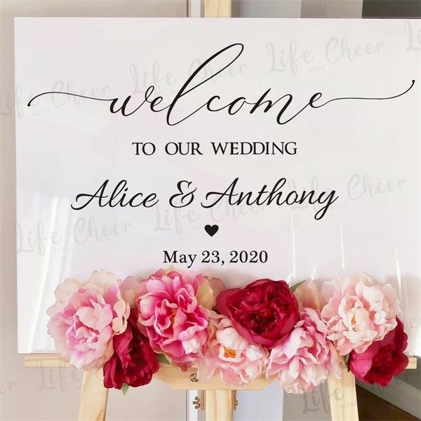 Welcome Wedding Sinal de vinil adesivo personalizado qualquer placa de textos Decalques Partido de Partido do Anniversary Sign Minflor Vinyl Murais 220727