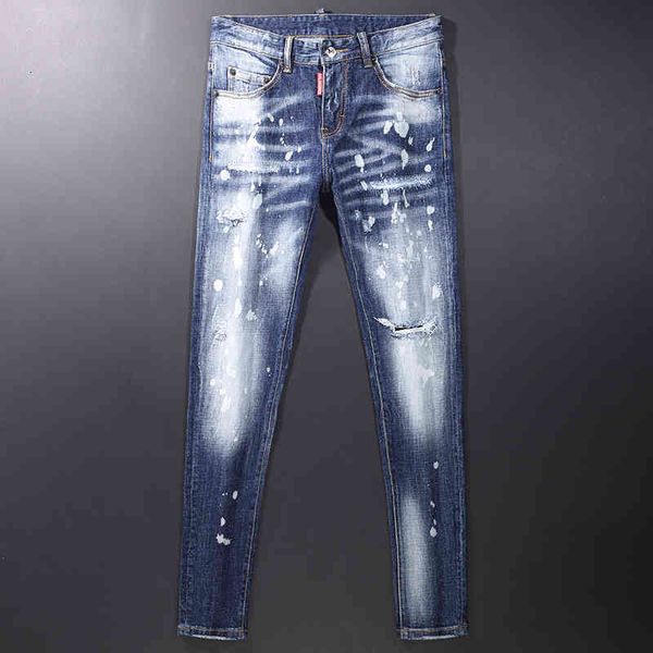 

men's jeans high end fashion youth jeans men's slim fit small feet holes personalized paint dots versatile trendy pants cler, Blue