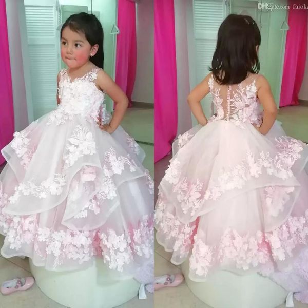 2022 Sevimli Pembe Çiçek Kız Düğün Dantel 3d Çiçek Aplike Küçük Kızlar Pageant Elbise Katmanlı Etekler Vestidos de Desfile De Nina B051708