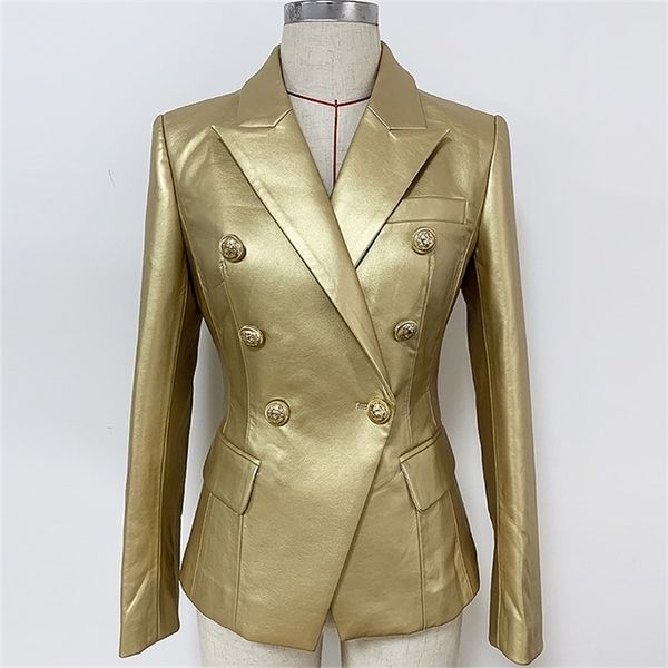 Высококачественный 2020 балок дизайнер Blazer Women Double Breads Metal Lion Buttons Золотая кожаная куртка Blazer LJ200911