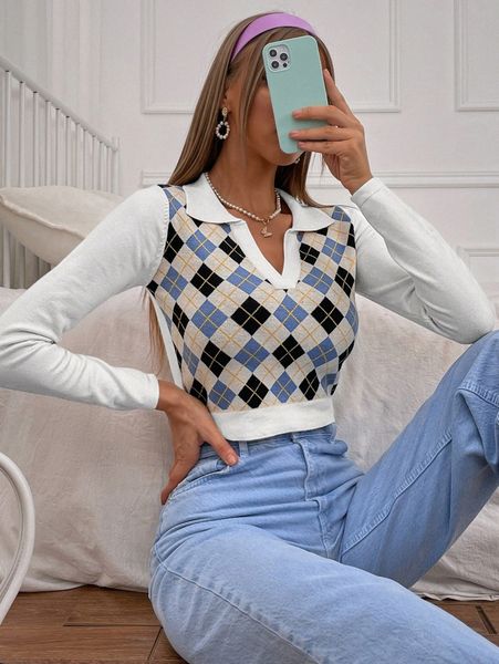 

argyle pattern crop sweater g42u#, White;black