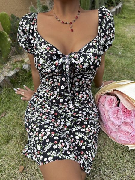 

allover floral print zip back dress w6lk#, Black;gray