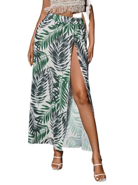 

sxy leaf print split thigh skirt v0yp#, Black