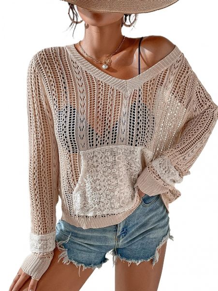 

floral embroidery open knit kangaroo pocket cover up without bra x5yv#, White;black