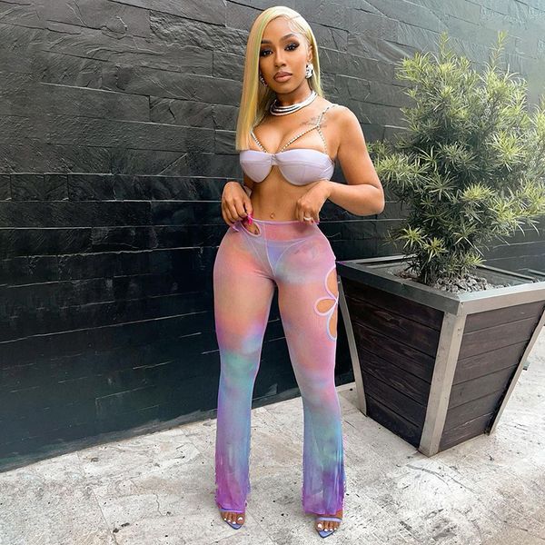 

women's two piece pants summer pu sleeveless camisole mesh lace up pant suits, White