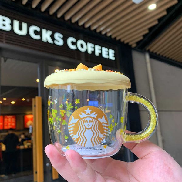 

starbucks new autumn golden osmanthus glass coffee lovely milk cup with cup cover set 320 ml