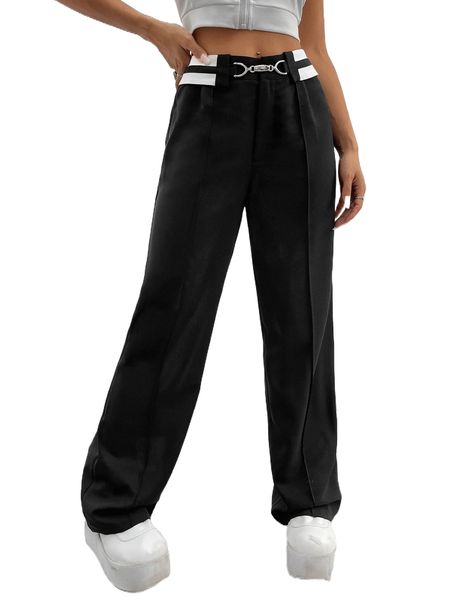 

horsebit detail contrast panel press crease straight leg pants g9cu#, Black;white