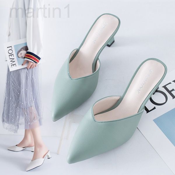 

slippers designer middle heel baotou half slippers women wear 2020 new fashion pointed cool fairy thin heels in summerjtpb, Black