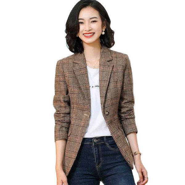 Abiti da donna Blazer Primavera Autunno Elegante Blazer scozzese da donna Capispalla da donna 2022 Giacca casual moda Abito piccolo Bottone da donna J