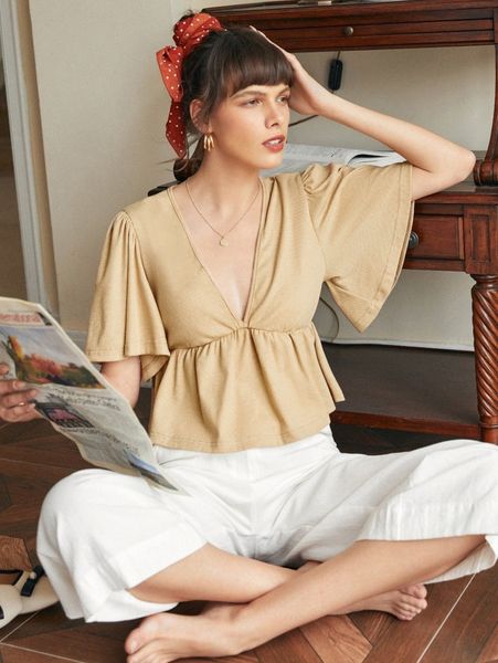 

plunging neck flutter sleeve peplum q0rd#, White