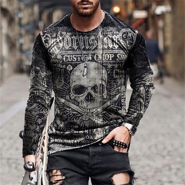 Camiseta esportiva masculina de boa qualidade 3D impressão digital TEE masculino Street Trend Dark Death Skull Tops de manga comprida 220408