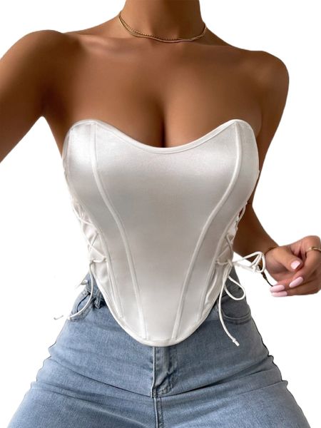 

lace up side hook and eye curved hem tube w87c#, White