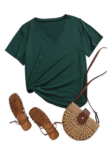 

plus solid v-neck split side tee w9gj#, Black