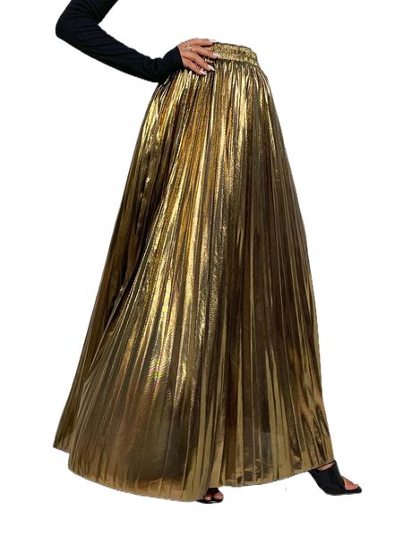 

elastic waist maxi pleated skirt x0pd#, Black