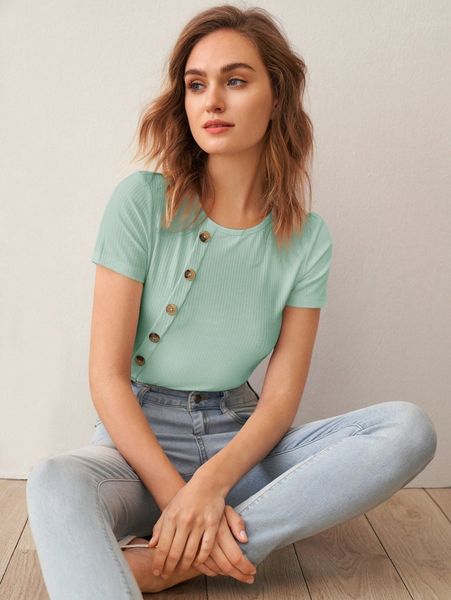 

button detail rib-knit slim tee r0oq#, White