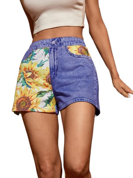 

high waist sunflower print shorts y9ti#, White;black