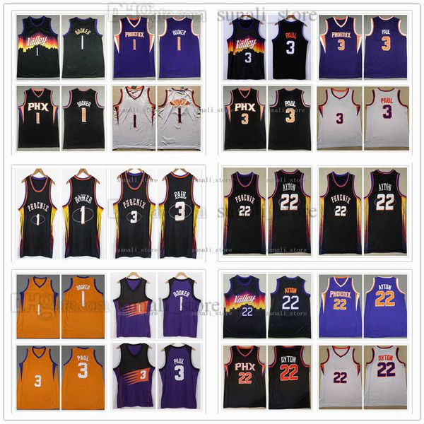 NCAA 100% costurou camisas de basquete 2021-22 Cidade Black Chris Paul 3 Devin Booker 1 DeAndre Ayton 22 White Purple Orange Color Men Sports Sports Shirts