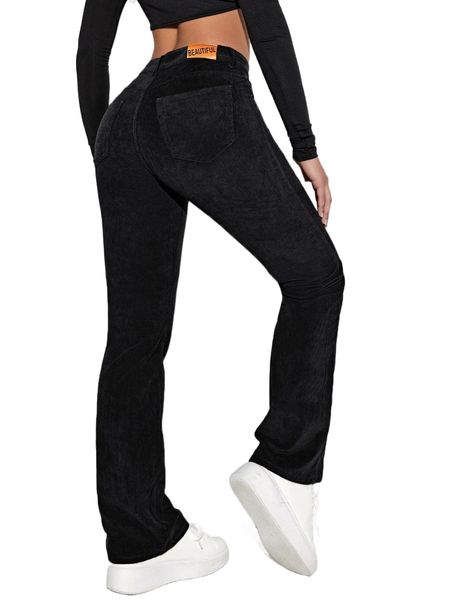 

letter patched flare leg corduroy pants 92qz#, Black;white