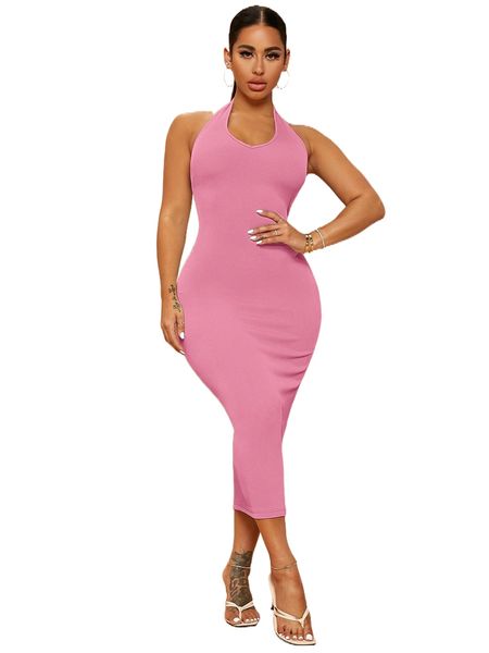 

solid backless ribbed knit halter dress j0zc#, Black;gray