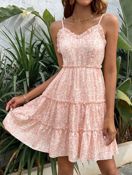 

ditsy floral print frill trim cami dress 012l#, Black;gray