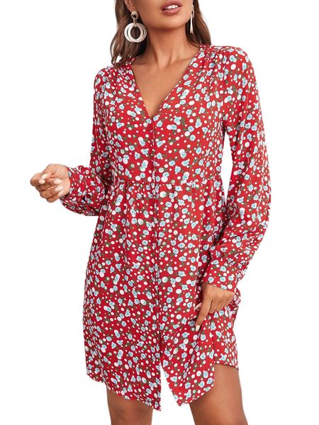 

ditsy floral print button front split hem dress b2v4#, Black;gray