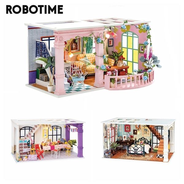Robotime Chegada Diy Sweet Patio Doll House com móveis crianças adultos kits de madeira em miniatura de madeira Toy DGF01 220715