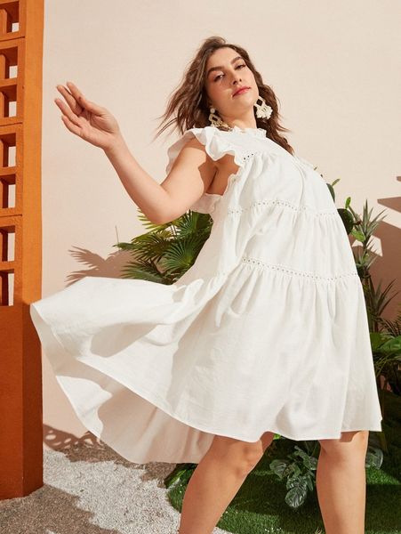 

plus ruffle trim eyelet embroidery insert dress v7sk#, Black