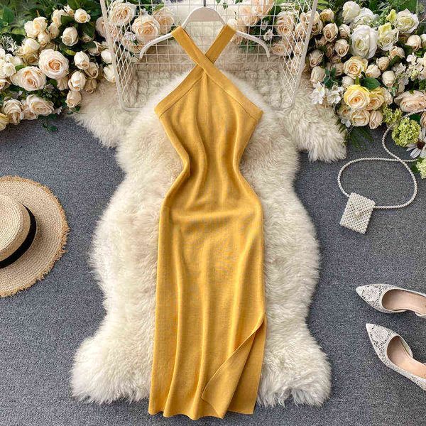 Vintage 2022 Slim halter neck sexy split aderente lavorato a maglia midi abito lungo cross criss spaghetti strap Summer Party Women dress Y220413