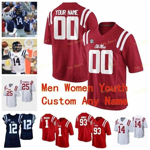 Maglie Nik1 NCAA College Ole Miss Rebels 1 AJ Brown 1 Laquon Treadwell 10 Chad Kelly Eli Manning Ta'amu Calcio personalizzato cucito