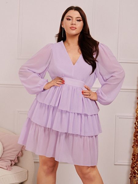 

plus lantern sleeve layered hem chiffon dress d0ax#, Black